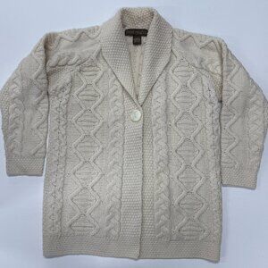 Inis Crafts Aran Cable Knit Shawl Neck Merino Wool Cardigan Sweater Medium Women